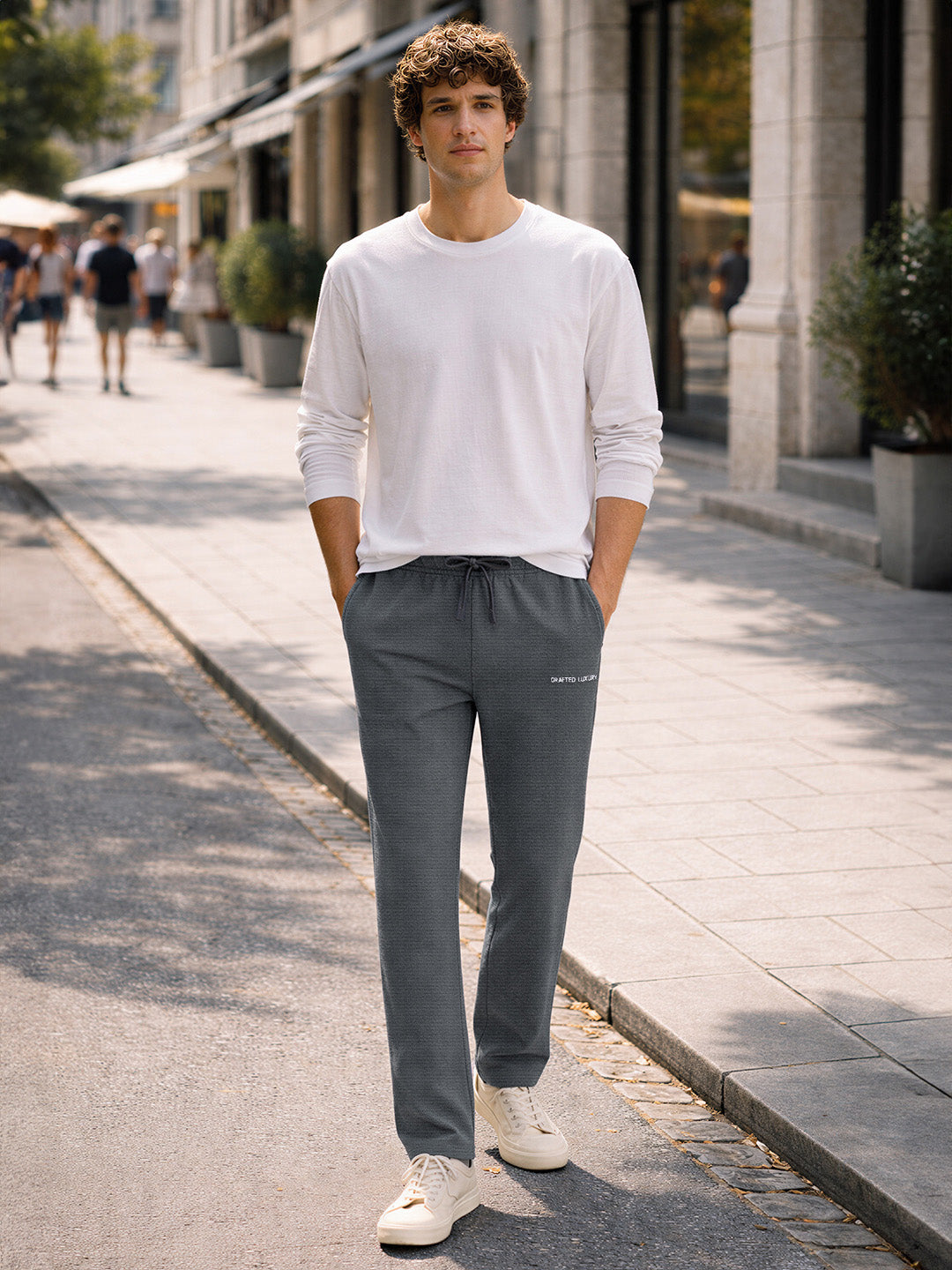 Men's Grey Relaxed Fit Textured Casual Joggers