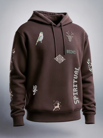 Men's Brown Relaxed Fit Embroided Casual Sweatshirt