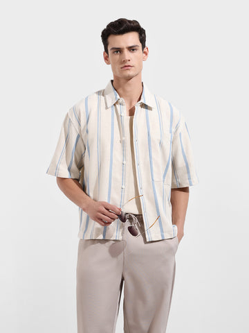 Men's Cream Boxy Fit Resort Wear Textured Shirt