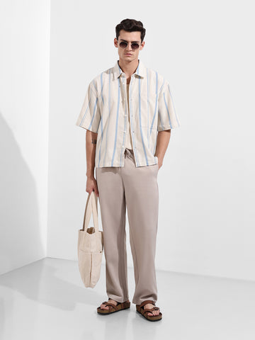 Men's Cream Boxy Fit Resort Wear Textured Shirt