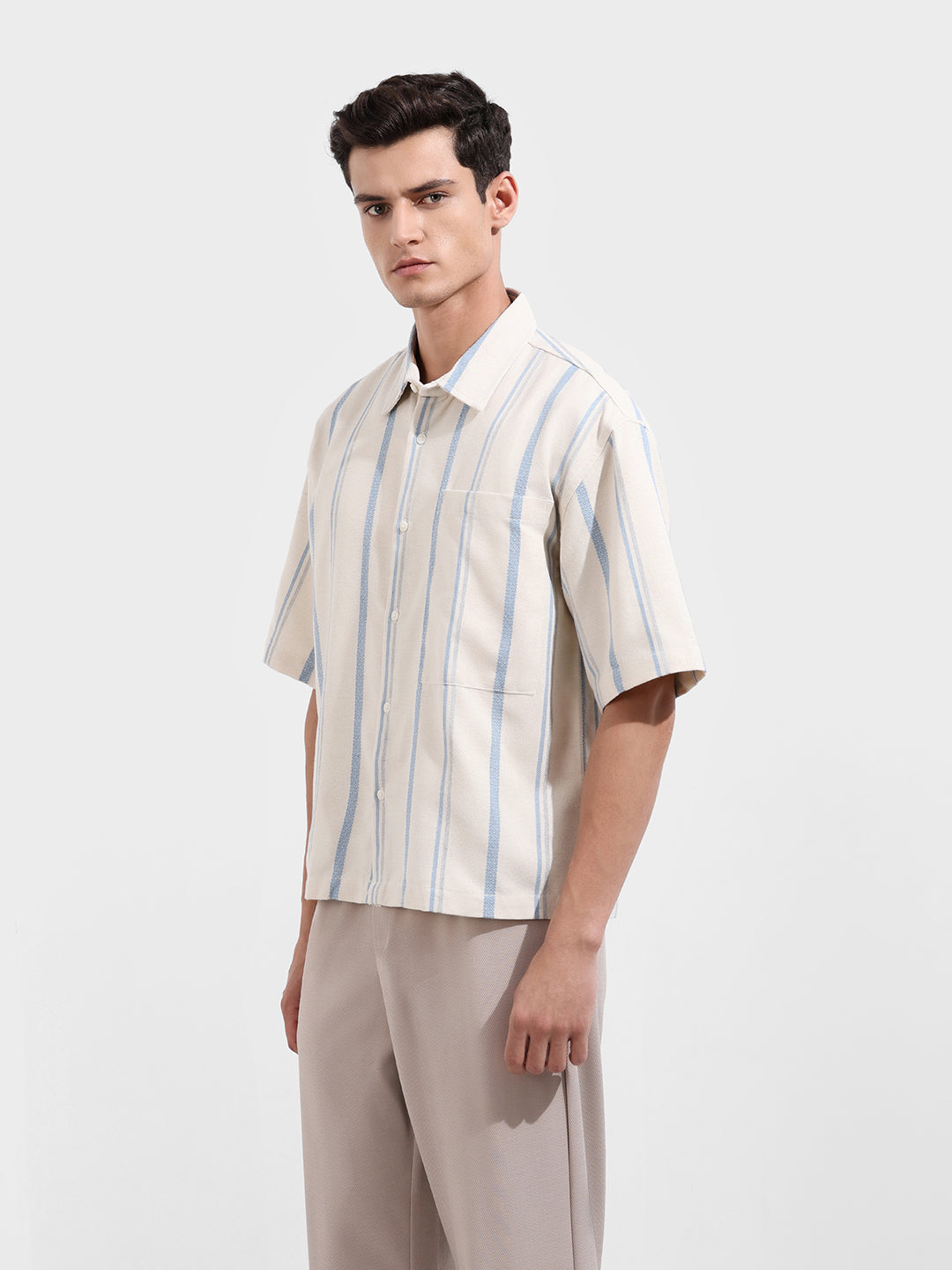 Men's Cream Boxy Fit Resort Wear Textured Shirt