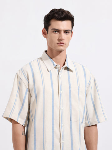 Men's Cream Boxy Fit Resort Wear Textured Shirt