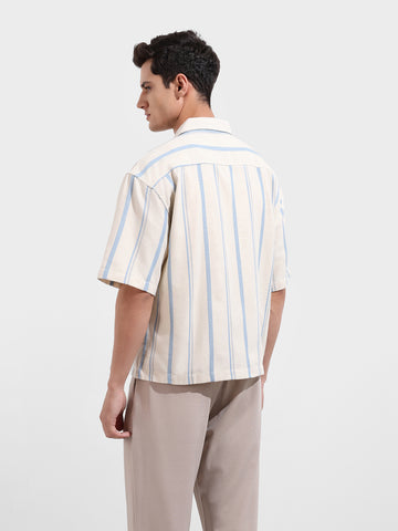Men's Cream Boxy Fit Resort Wear Textured Shirt