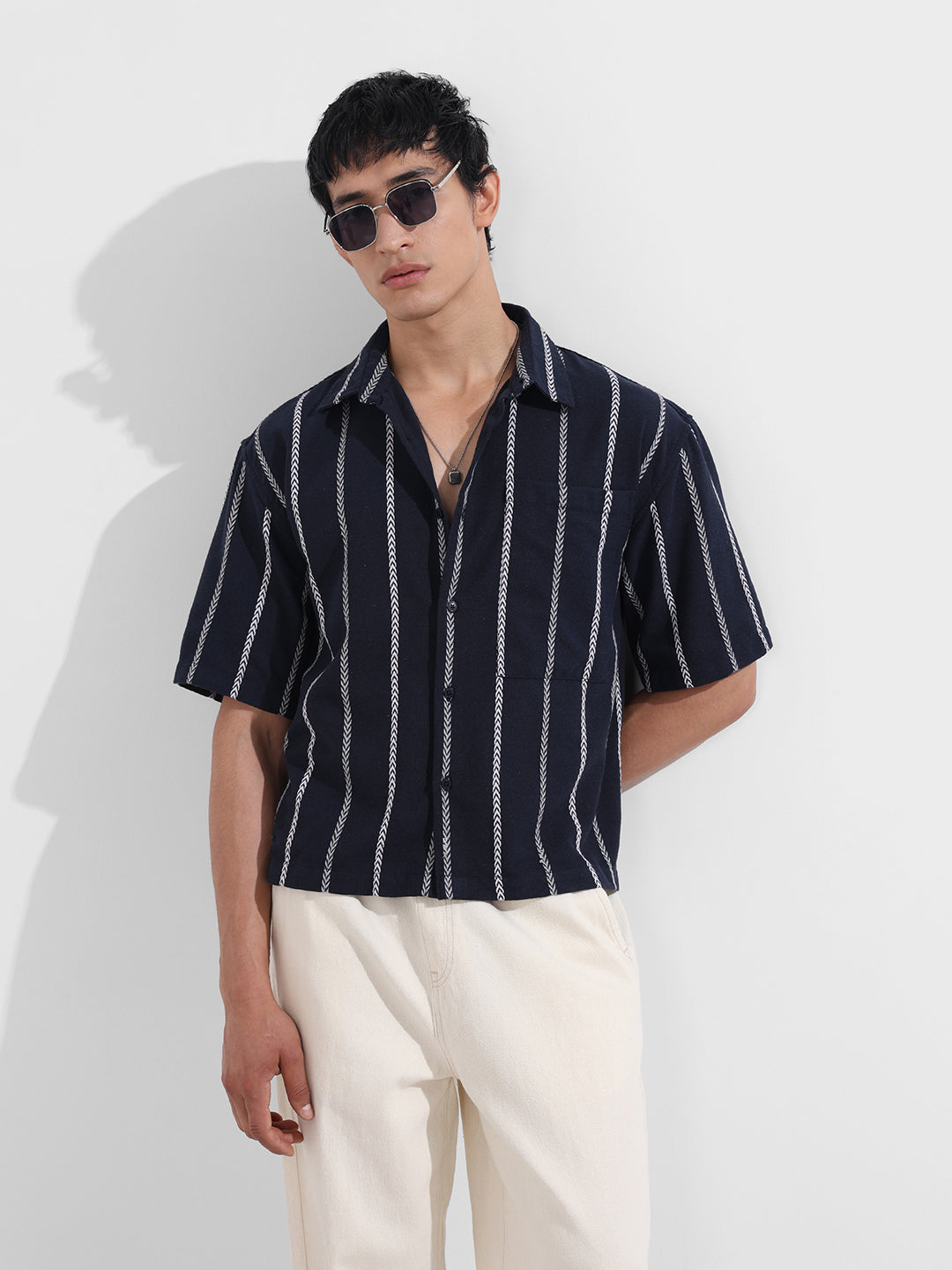 Men's Navy Blue Boxy Fit Resort Wear Textured Shirt