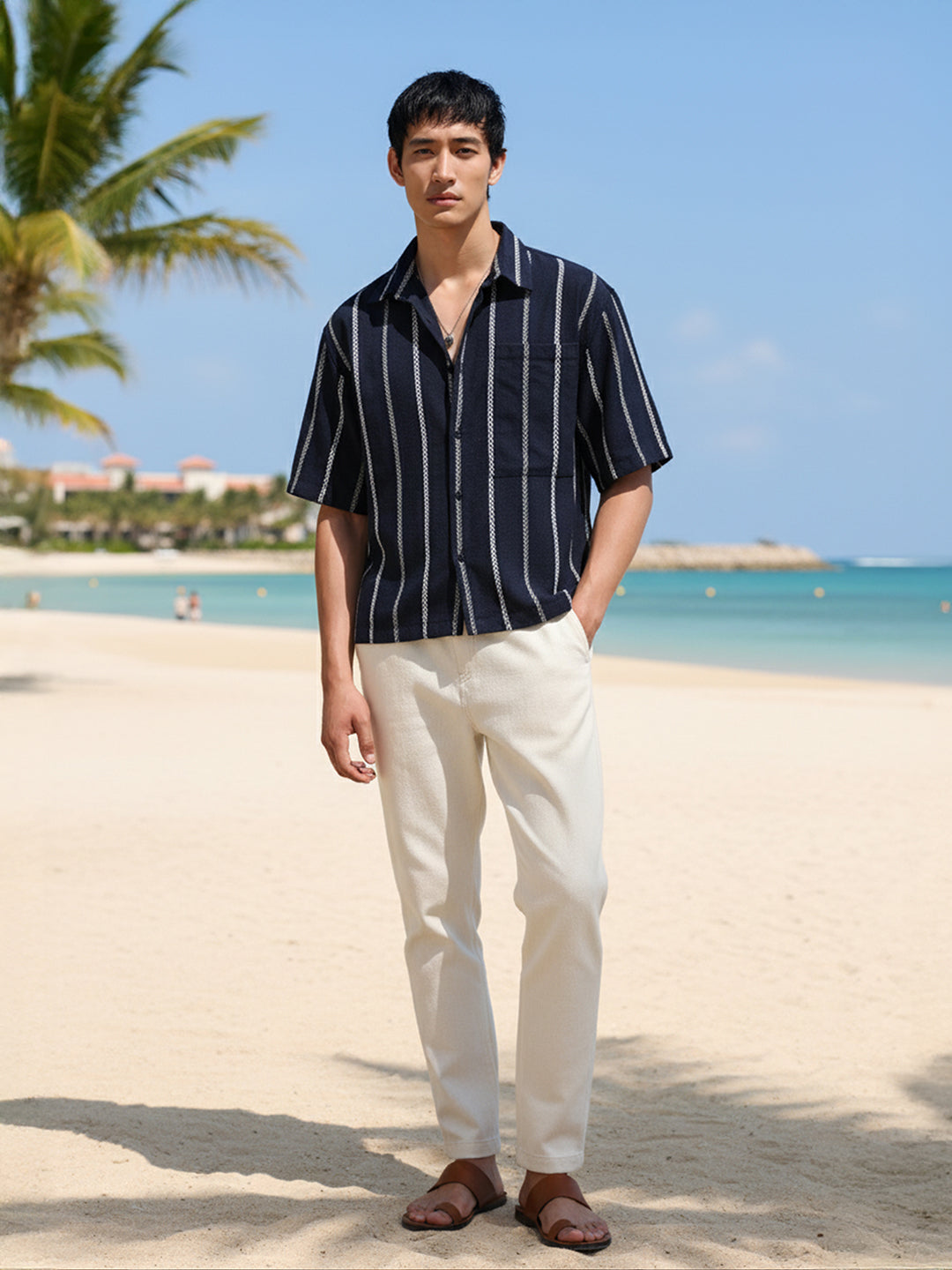 Men's Navy Blue Boxy Fit Resort Wear Textured Shirt