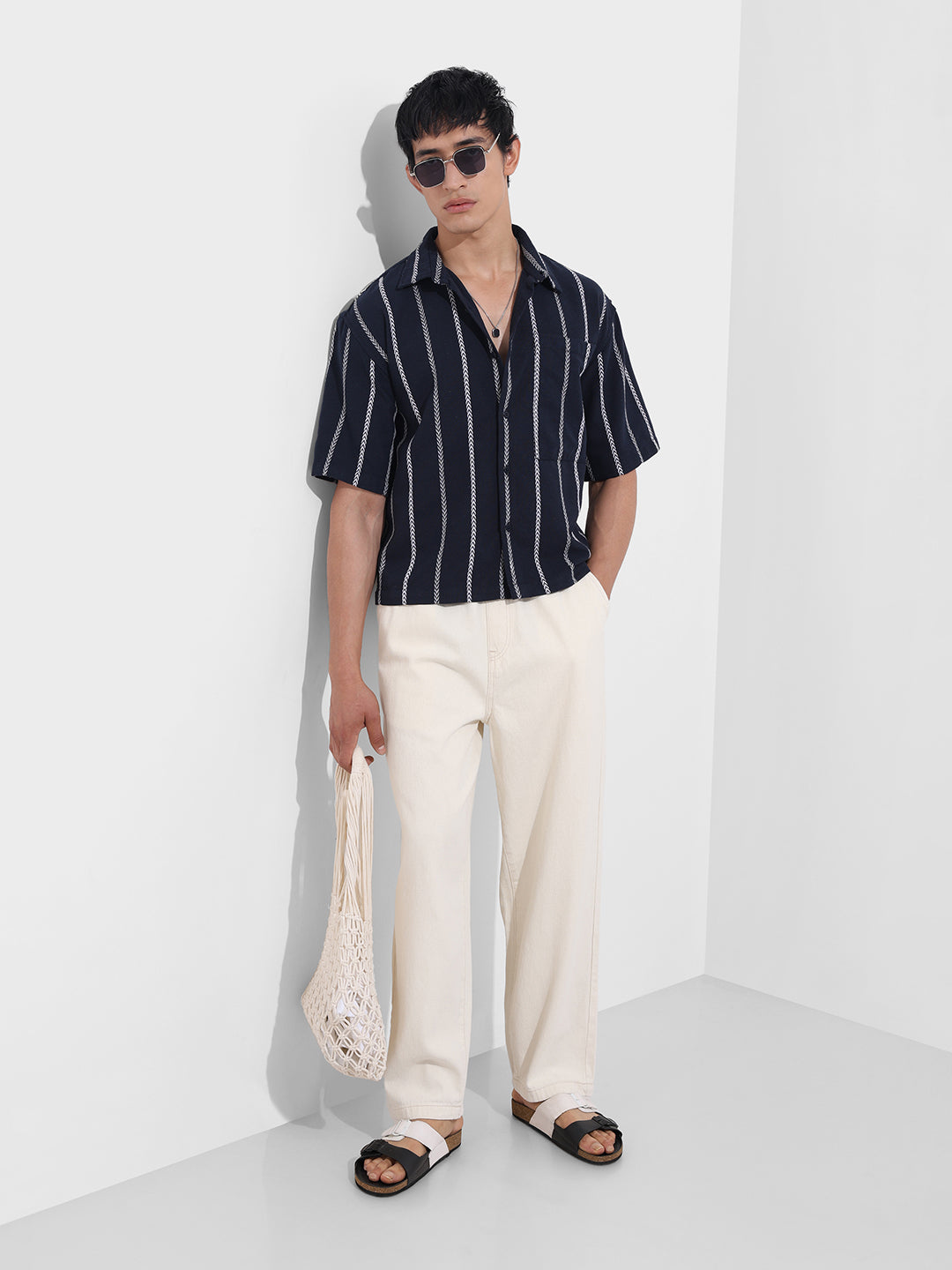 Men's Navy Blue Boxy Fit Resort Wear Textured Shirt
