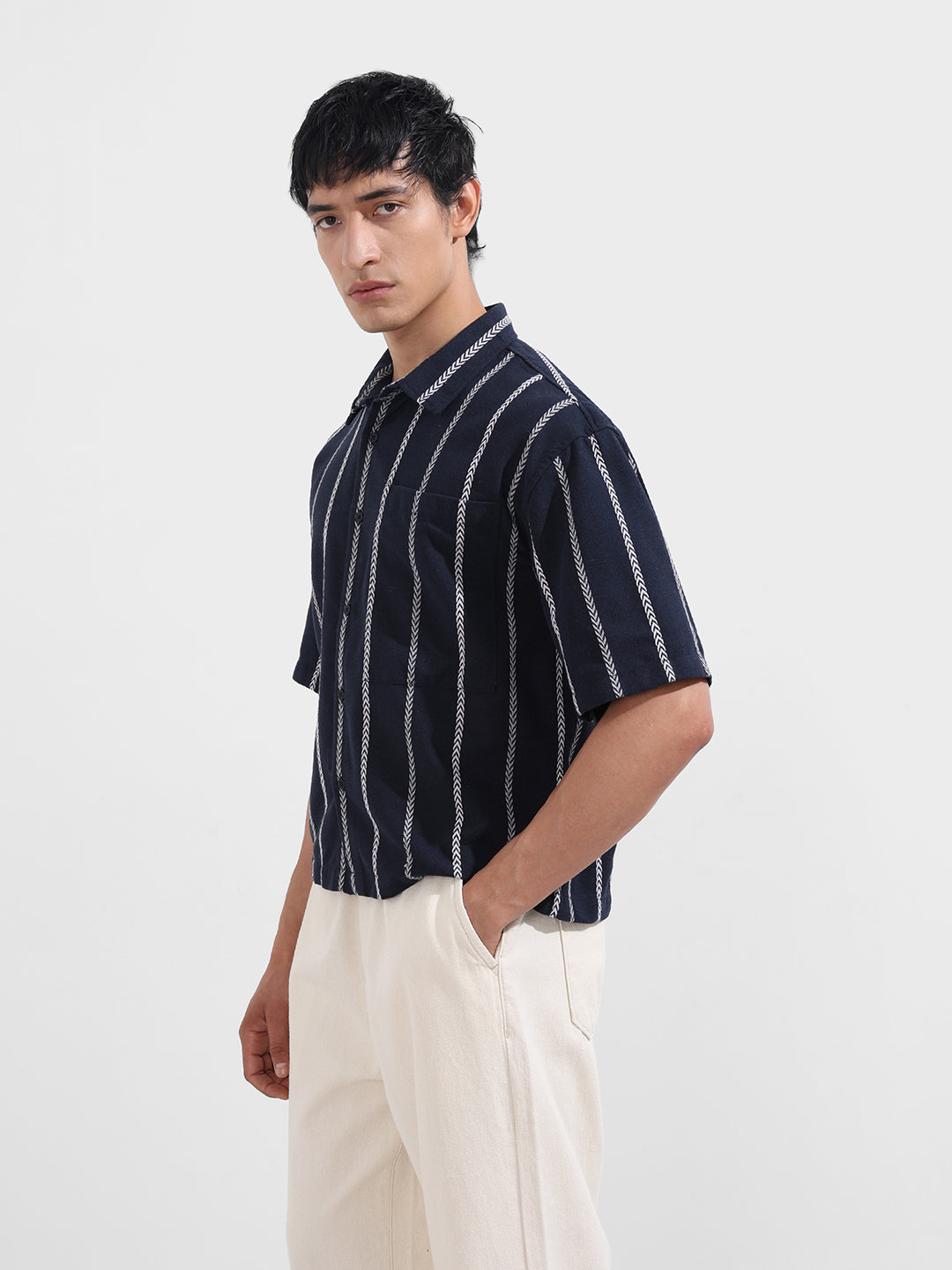 Men's Navy Blue Boxy Fit Resort Wear Textured Shirt