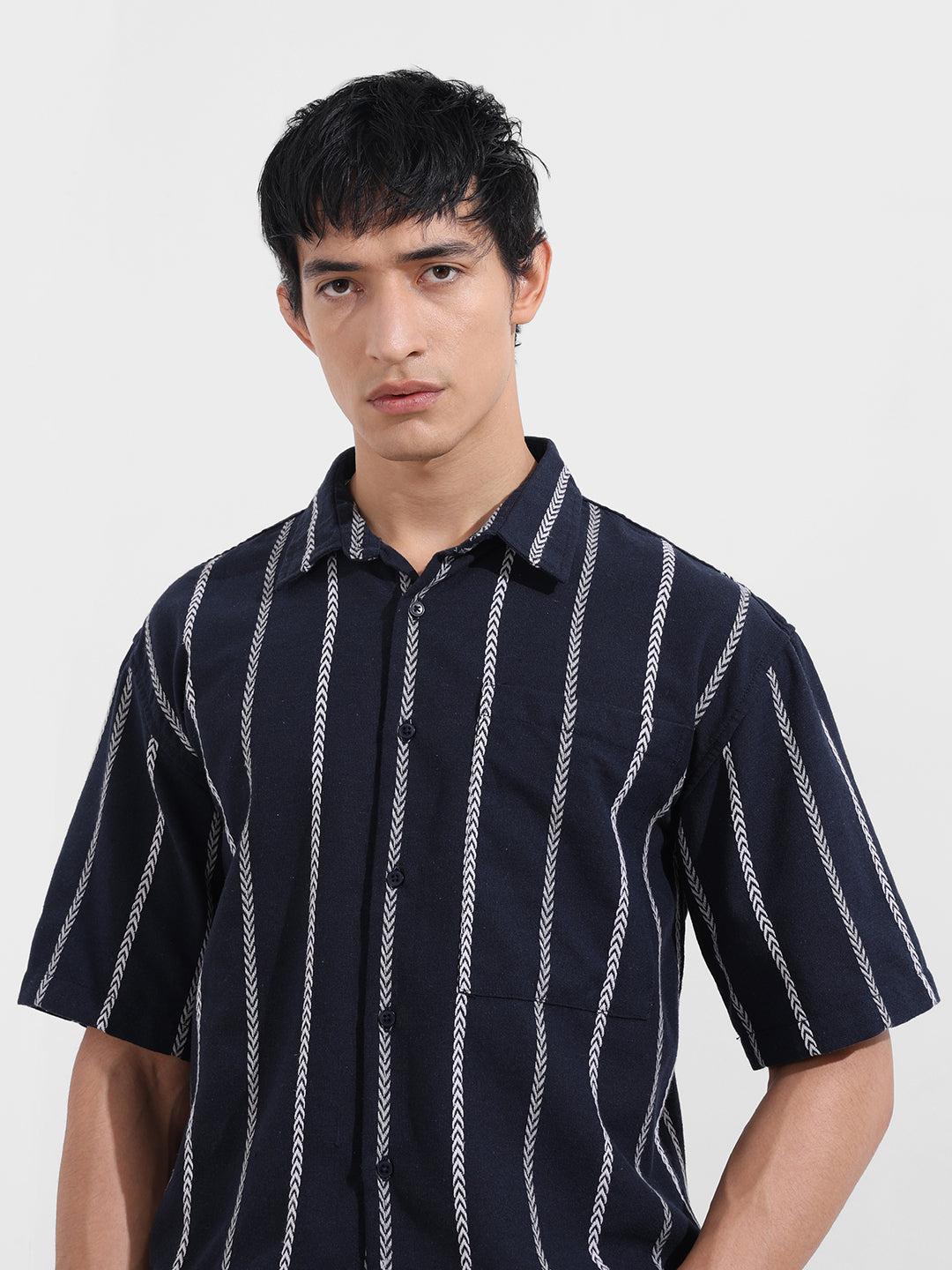 Men's Navy Blue Boxy Fit Resort Wear Textured Shirt