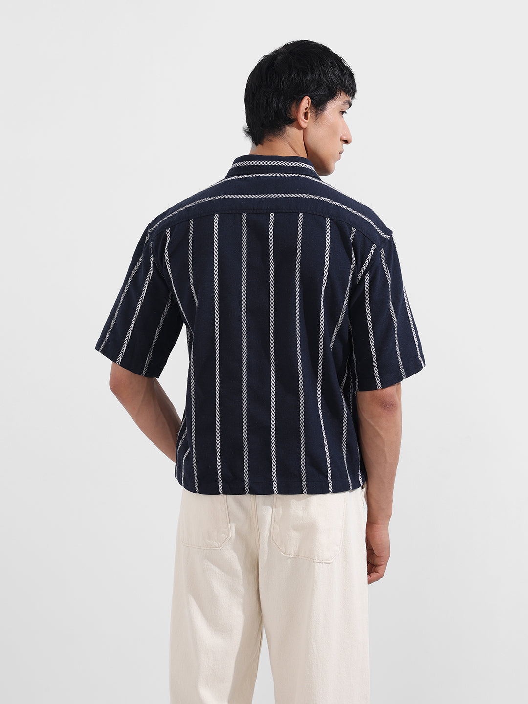 Men's Navy Blue Boxy Fit Resort Wear Textured Shirt