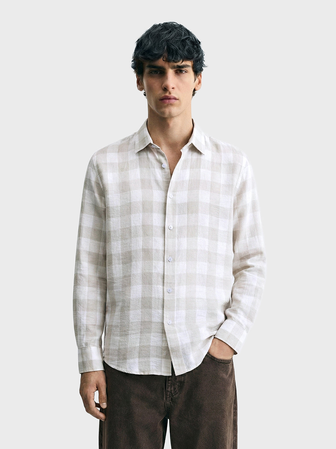 Men's Grey Relaxed Fit Checked Casual Shirt