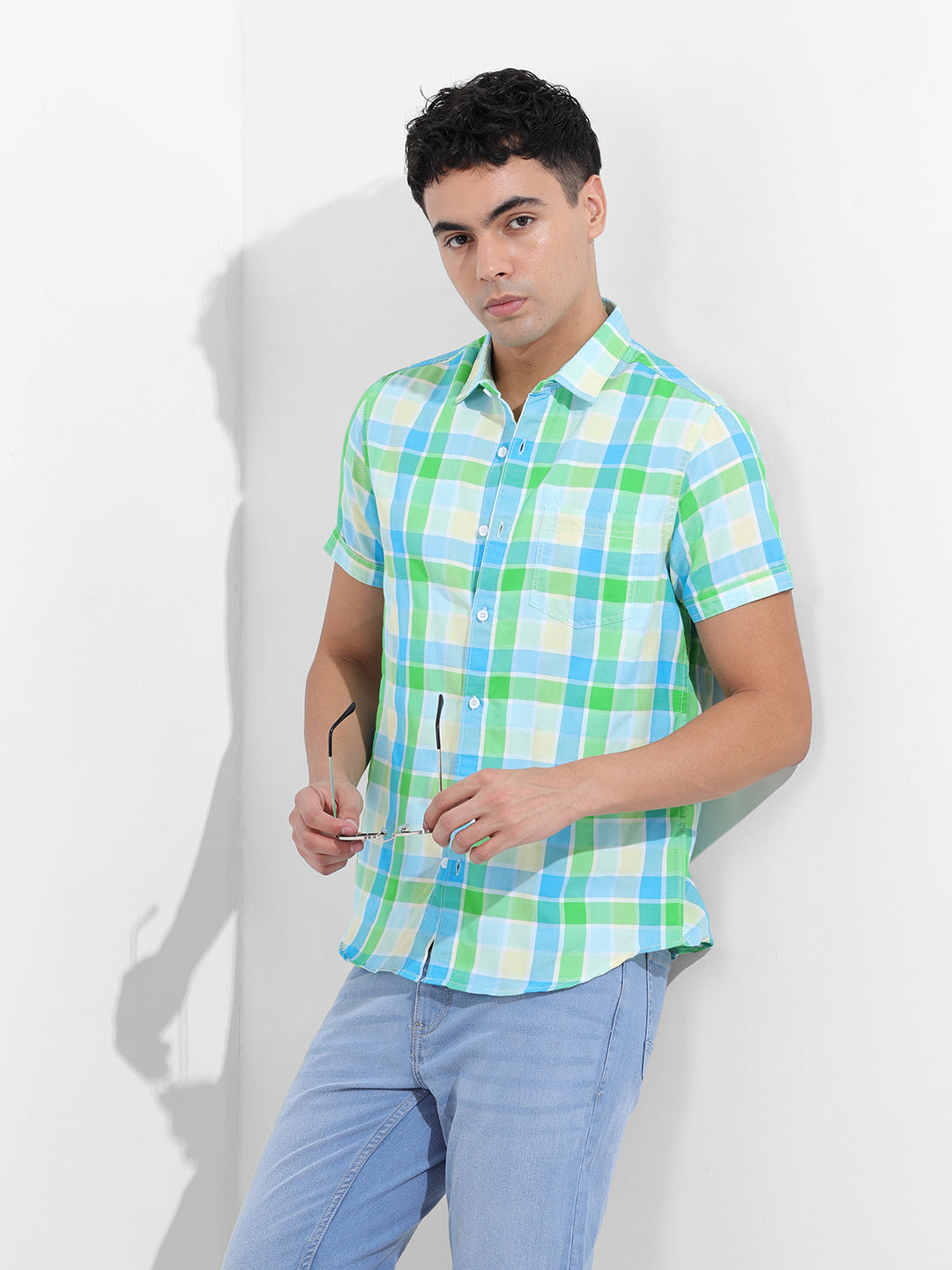 Men's Green Slim Fit Checked Casual Shirt