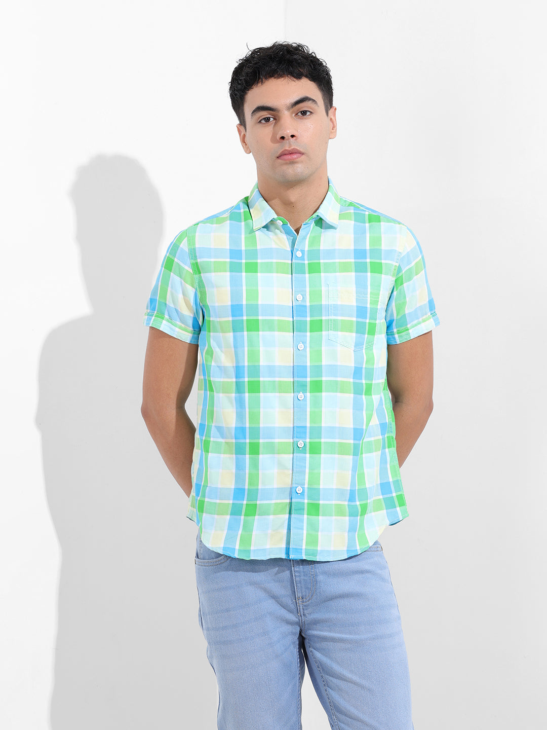 Men's Green Slim Fit Checked Casual Shirt
