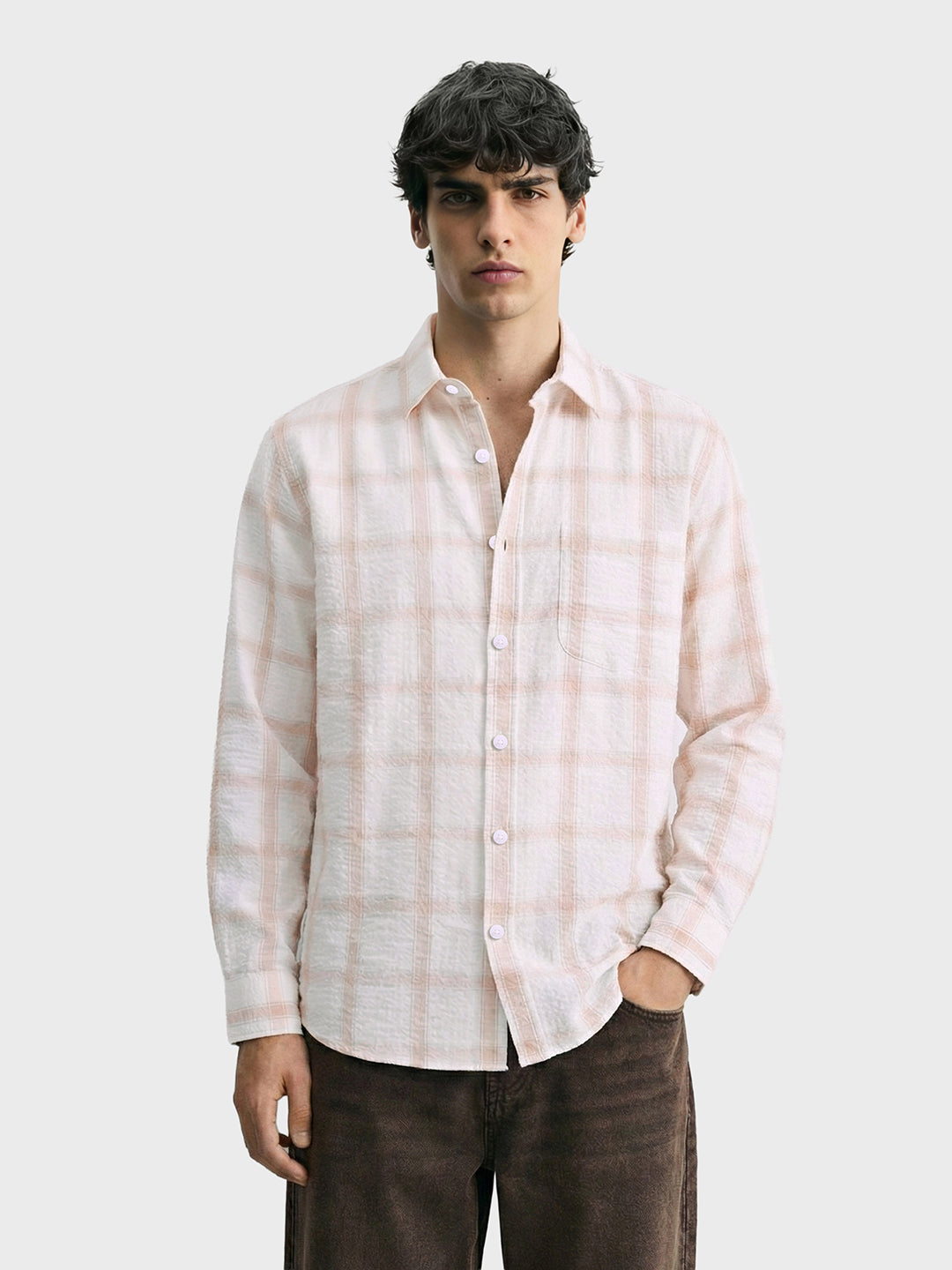 Men's White Relaxed Fit Checked Casual Shirt