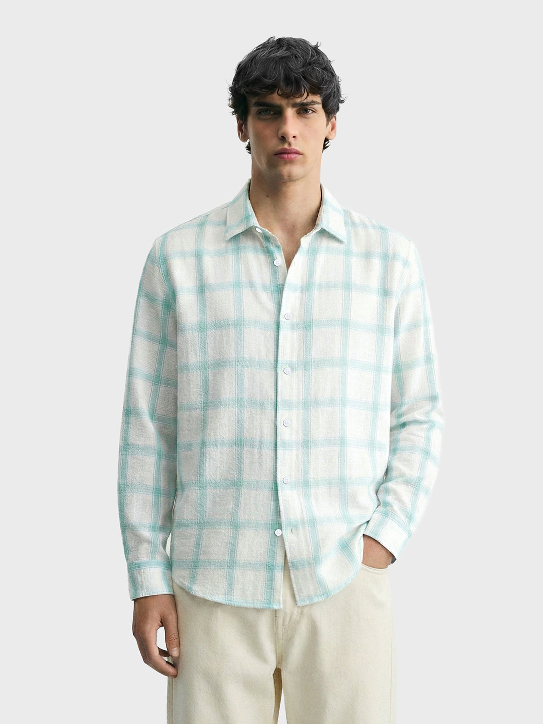 Men's White Relaxed Fit Checked Casual Shirt