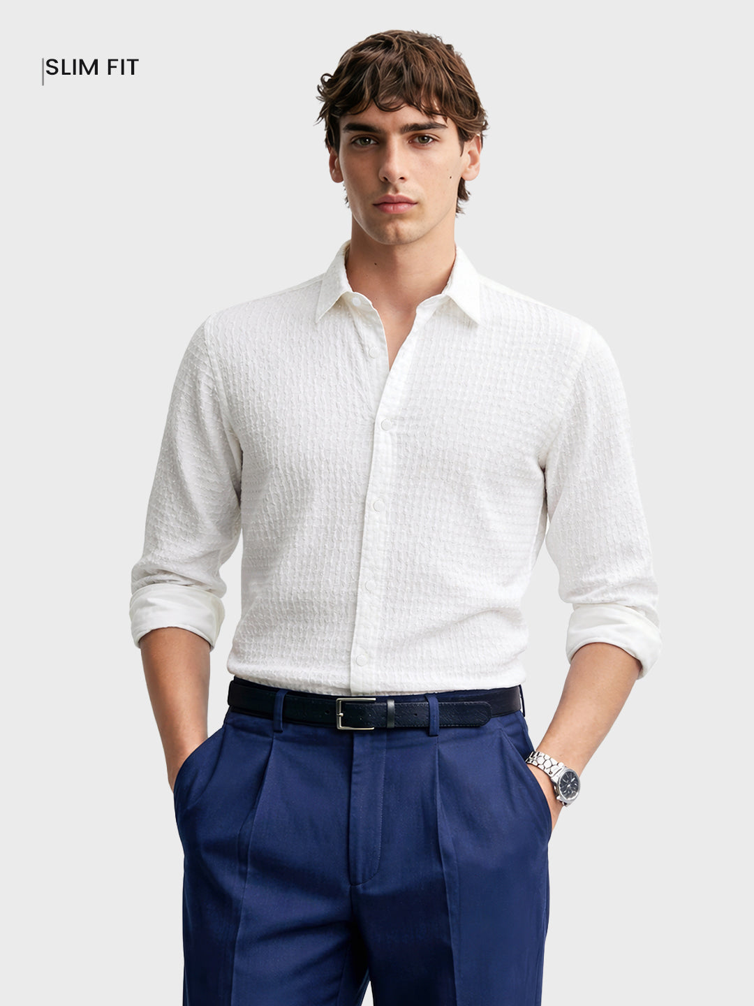 Men's White Slim Fit Textured Party Wear Shirt