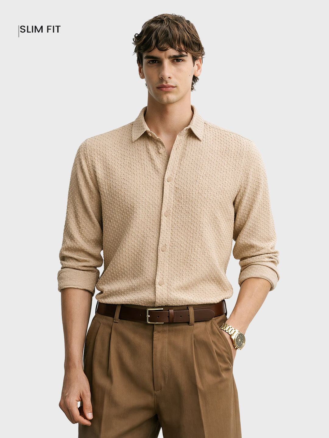 Men's Beige Slim Fit Textured Party Wear Shirt