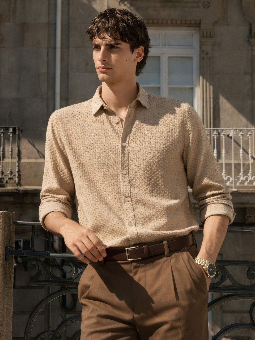 Men's Beige Slim Fit Textured Party Wear Shirt