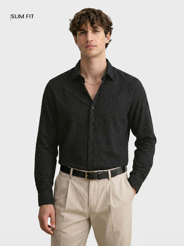 Men's Black Slim Fit Textured Party Wear Shirt
