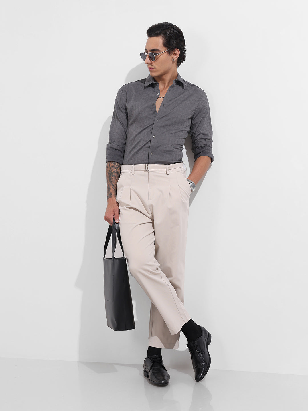 Men's Grey Regular Fit Textured Party Wear Shirt