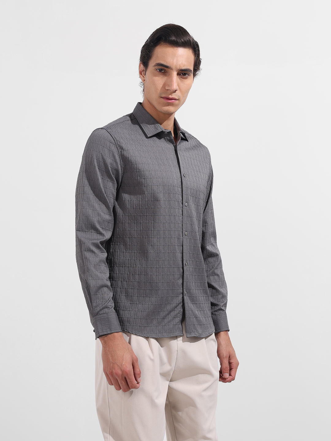 Men's Grey Regular Fit Textured Party Wear Shirt