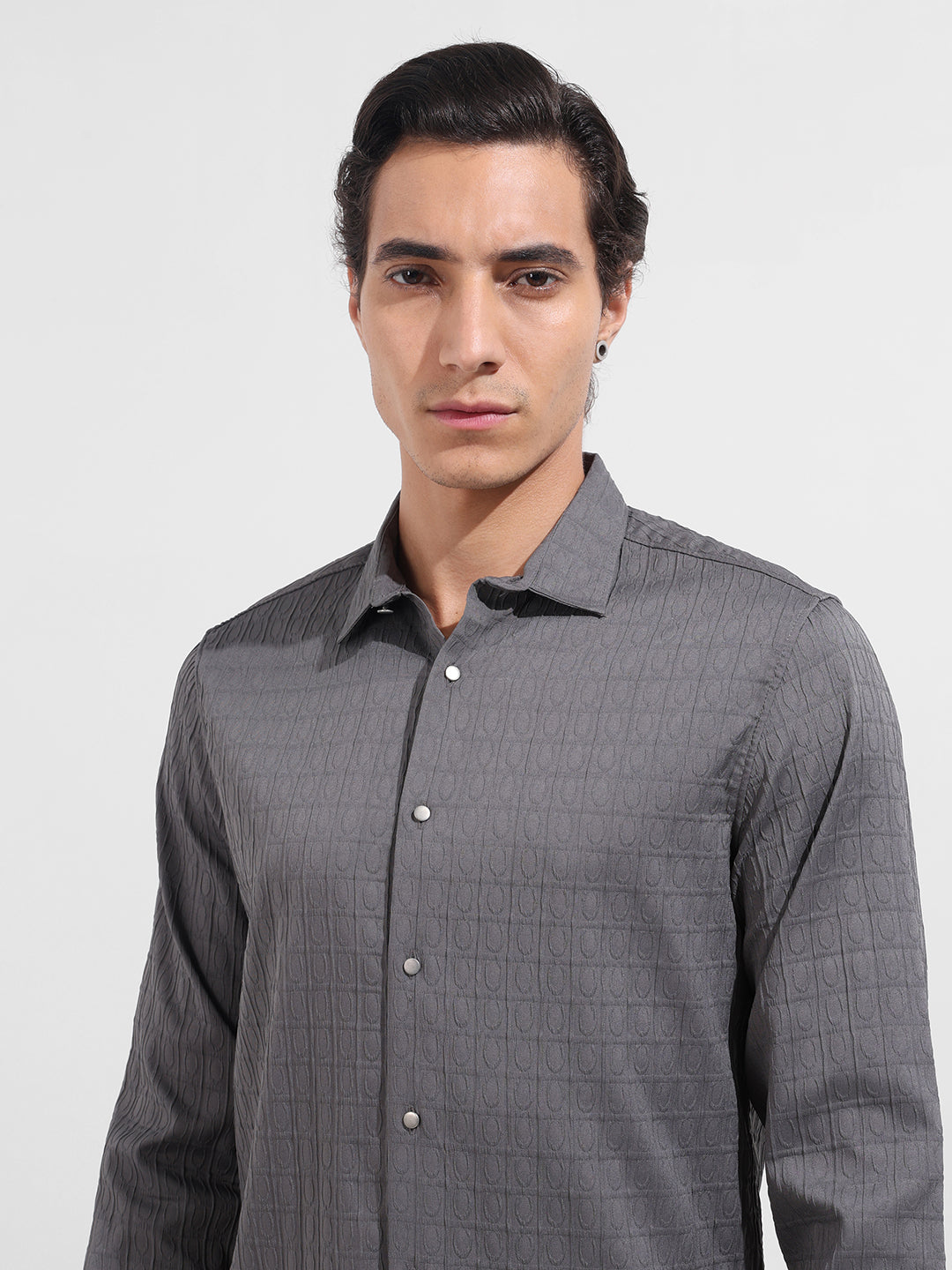 Men's Grey Regular Fit Textured Party Wear Shirt