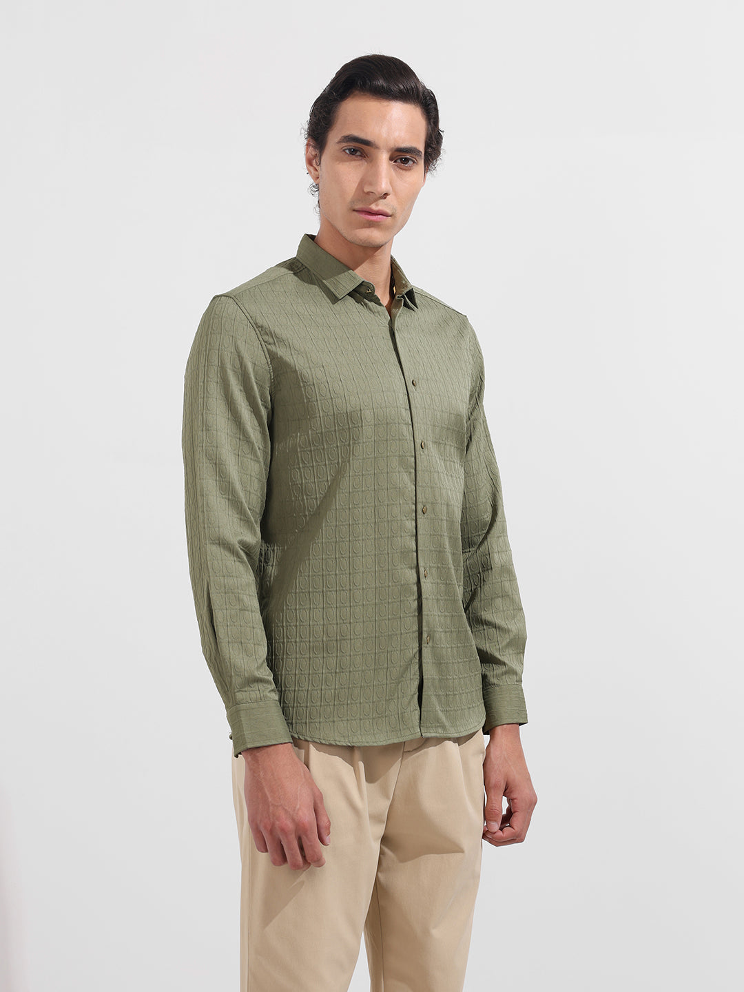 Men's Green Regular Fit Textured Party Wear Shirt