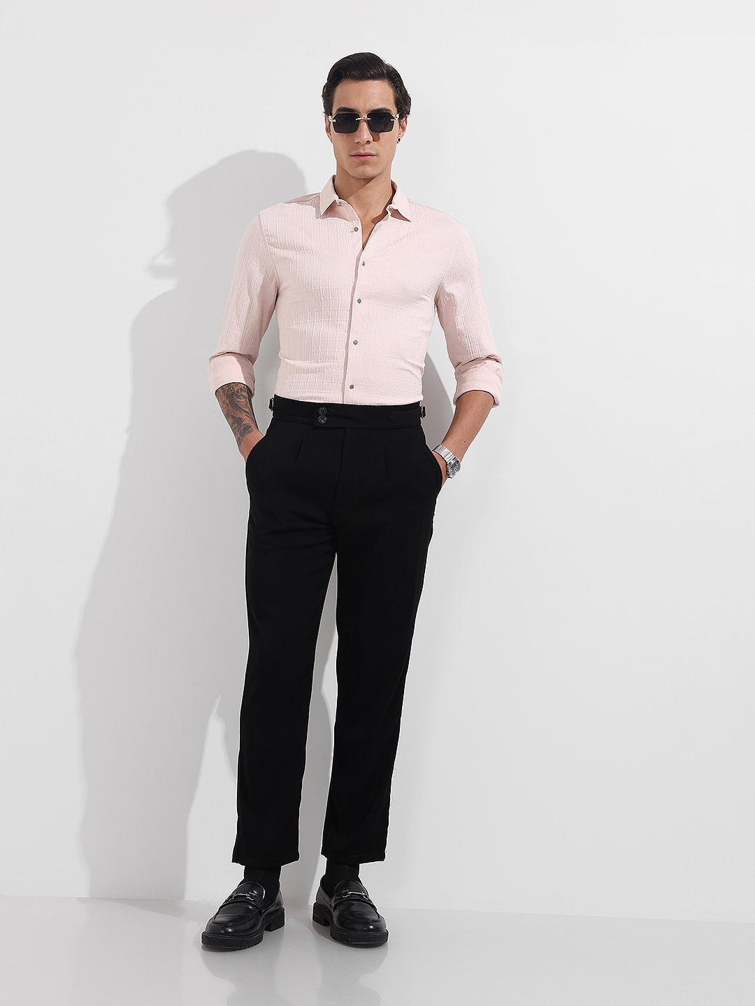 Men's Pink Regular Fit Textured Party Wear Shirt