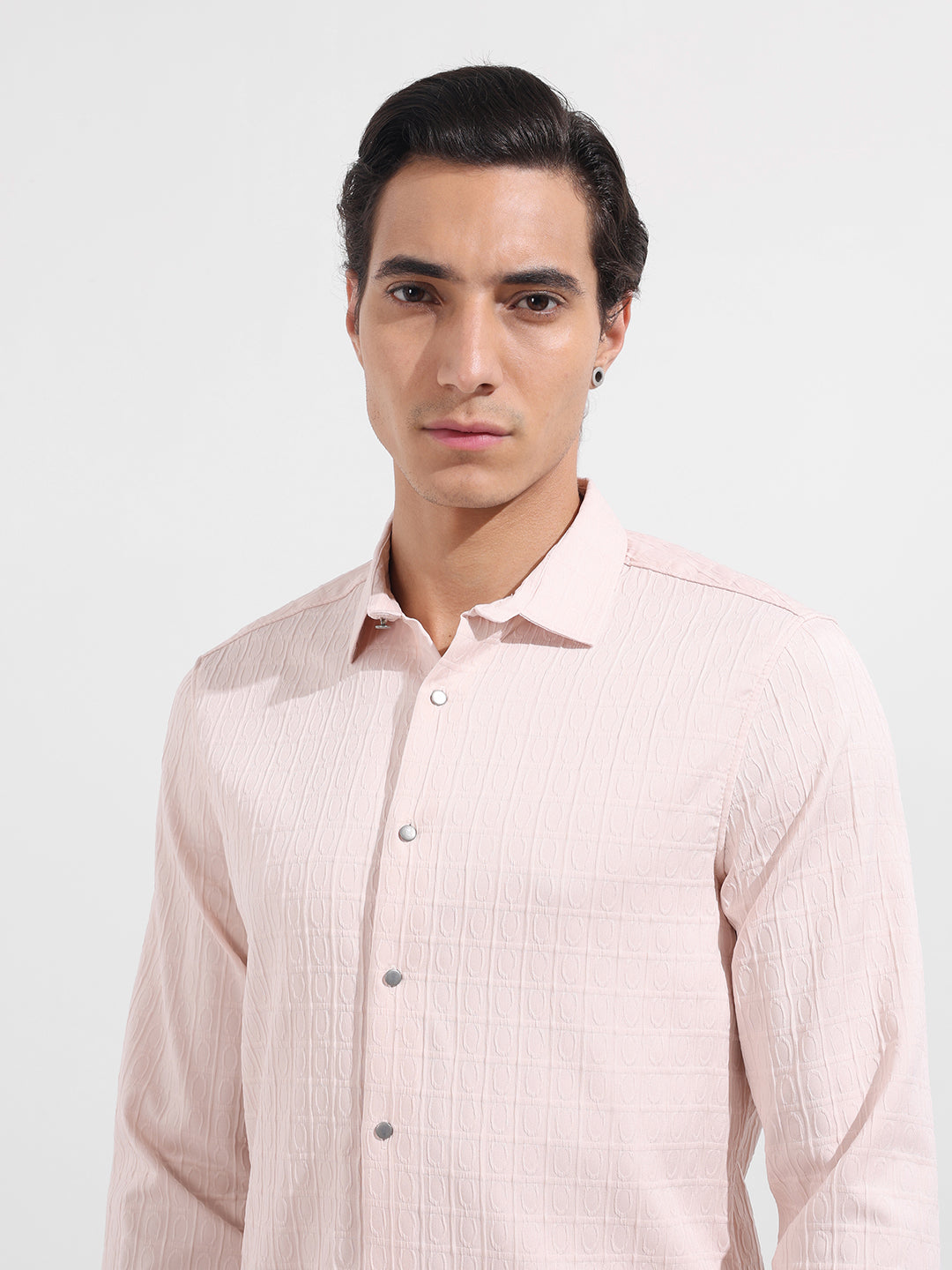 Men's Pink Regular Fit Textured Party Wear Shirt