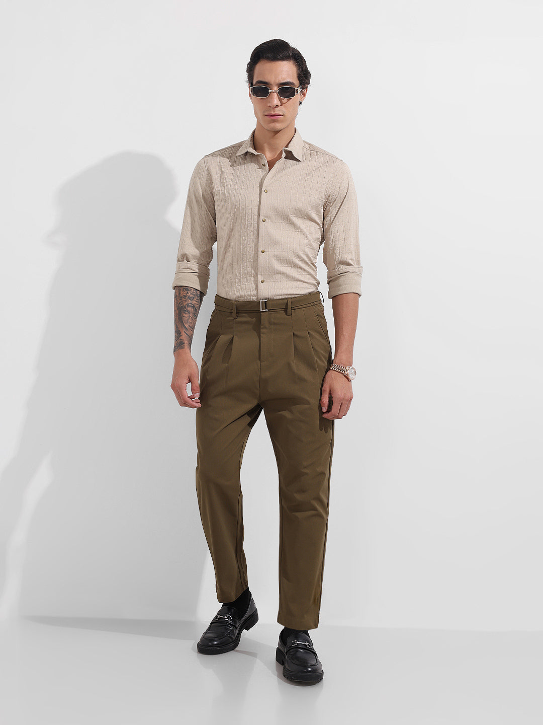 Men's Beige Regular Fit Textured Party Wear Shirt