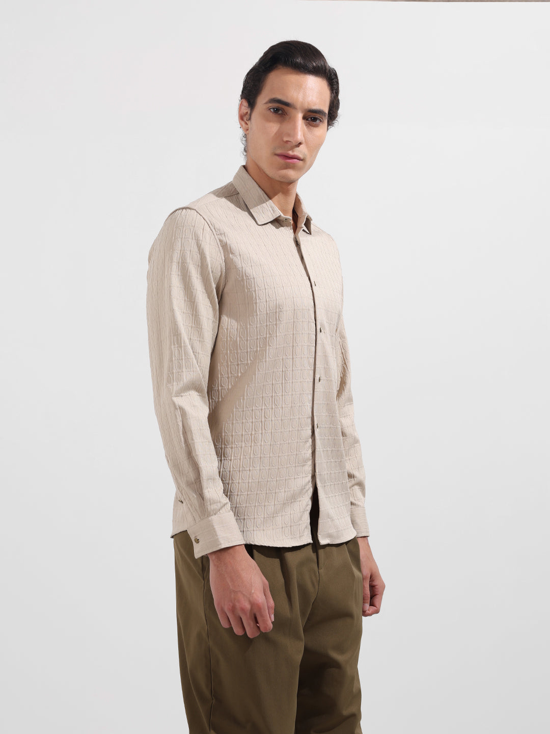 Men's Beige Regular Fit Textured Party Wear Shirt