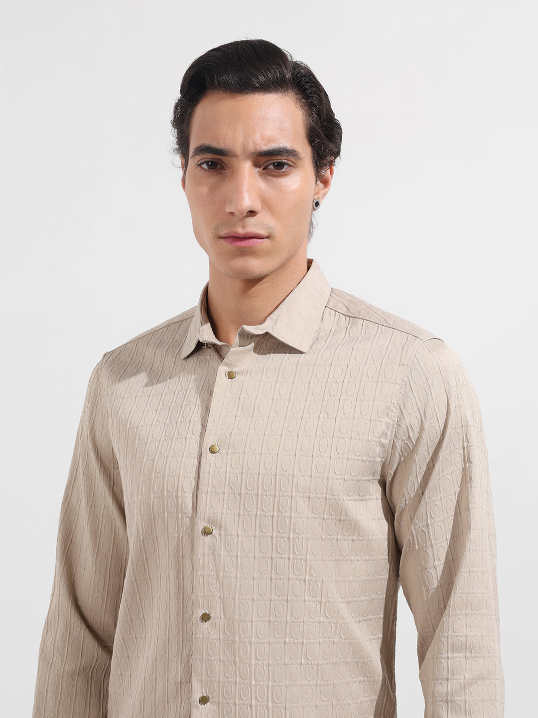 Men's Beige Regular Fit Textured Party Wear Shirt