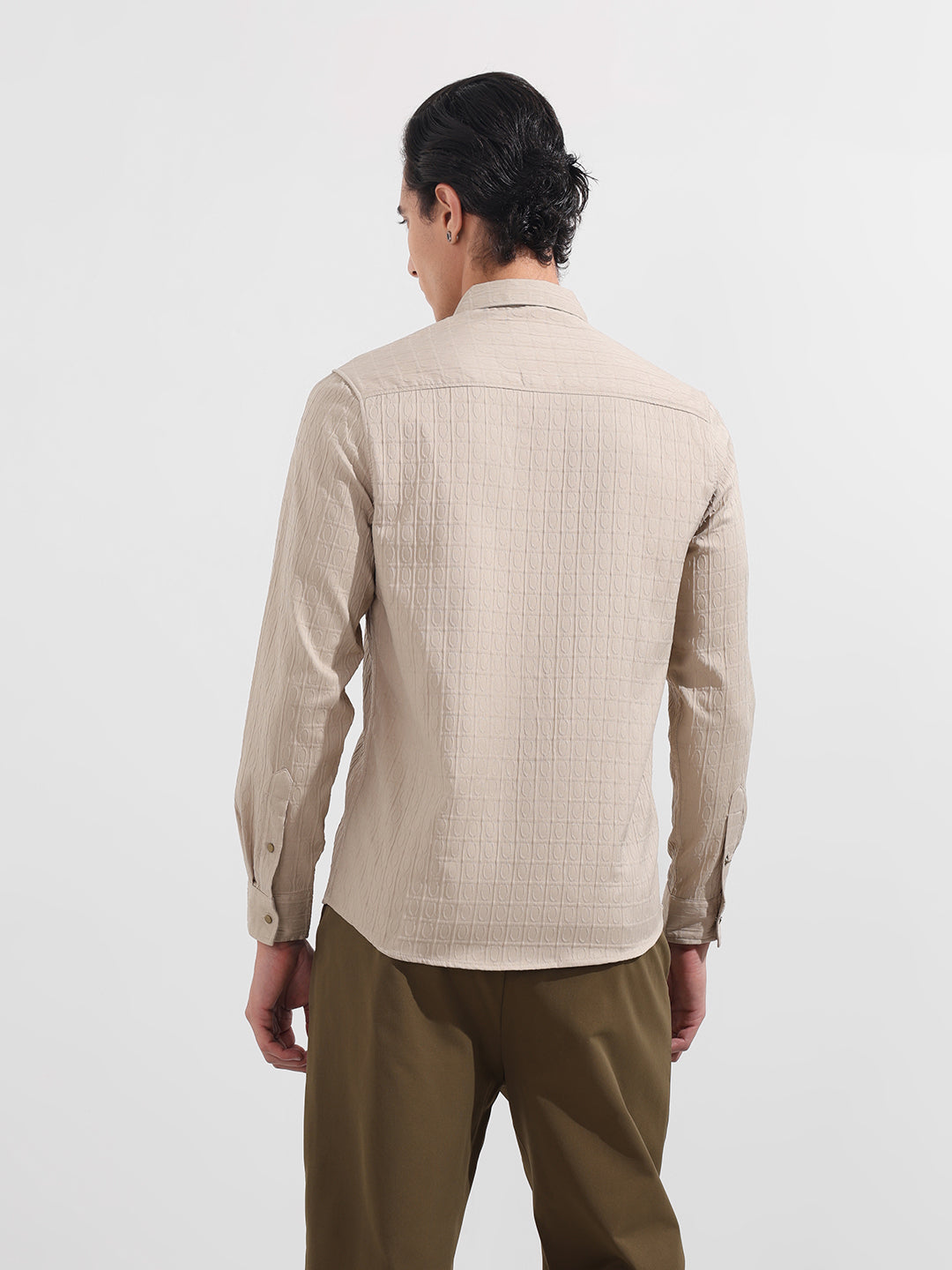 Men's Beige Regular Fit Textured Party Wear Shirt