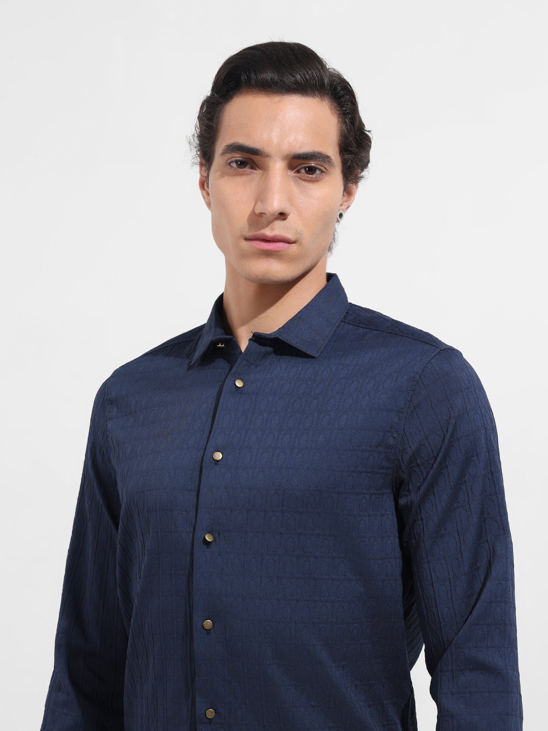 Men's Blue Regular Fit Textured Party Wear Shirt