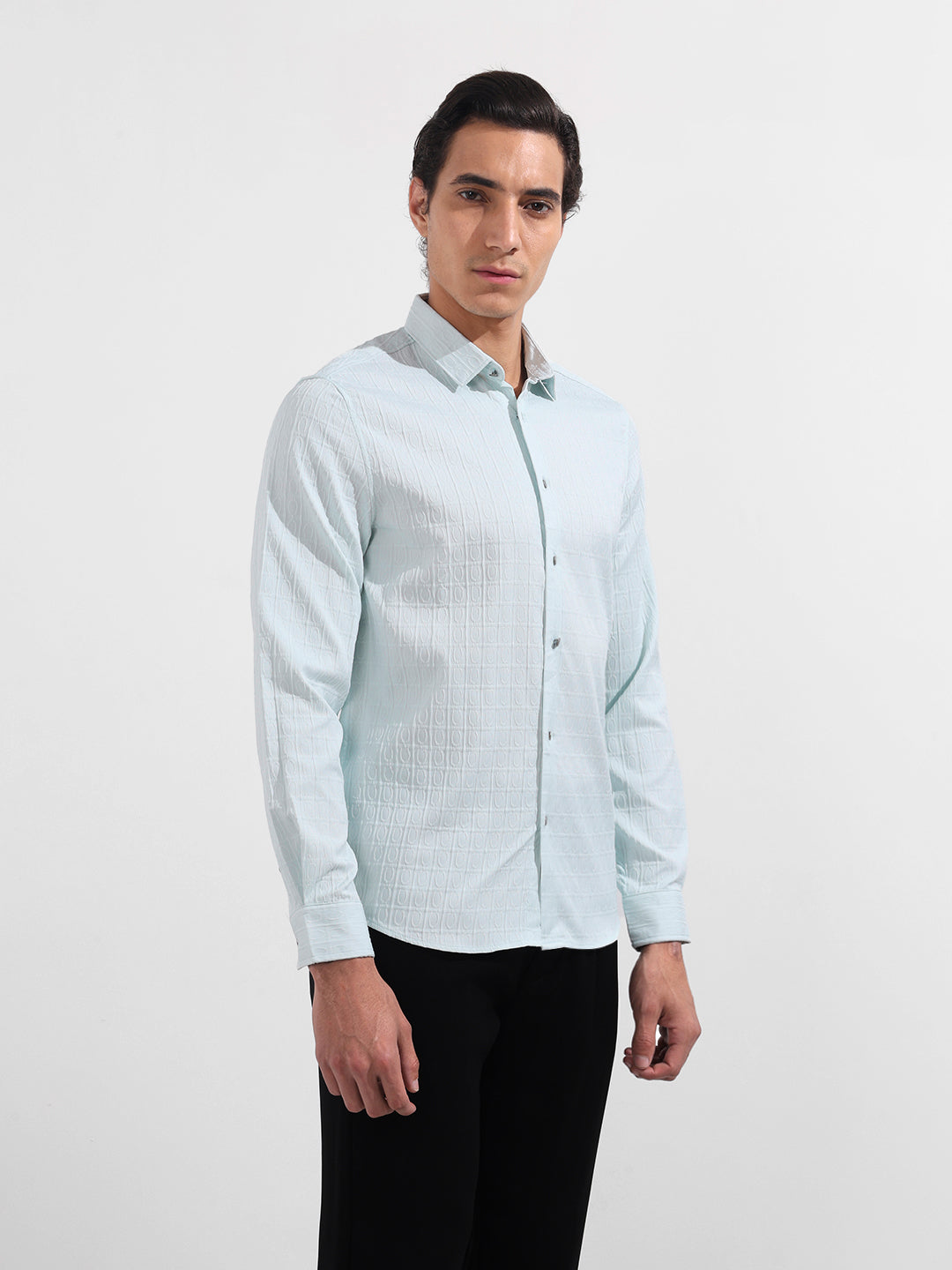Men's Blue Regular Fit Textured Party Wear Shirt