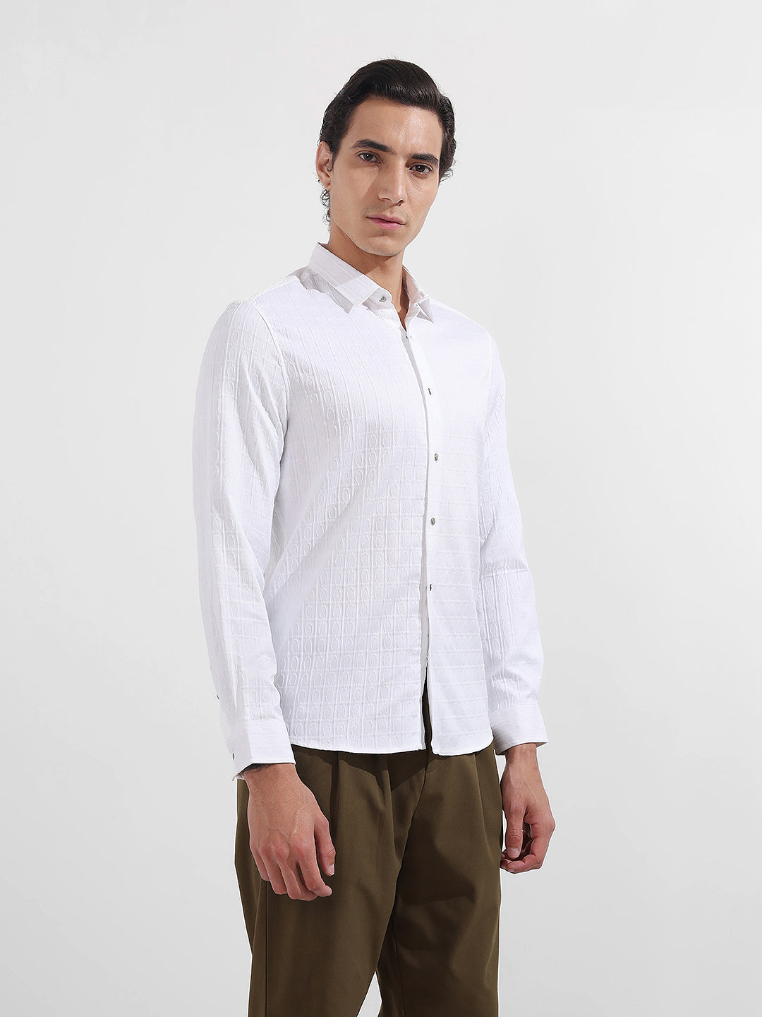 Men's White Regular Fit Textured Party Wear Shirt
