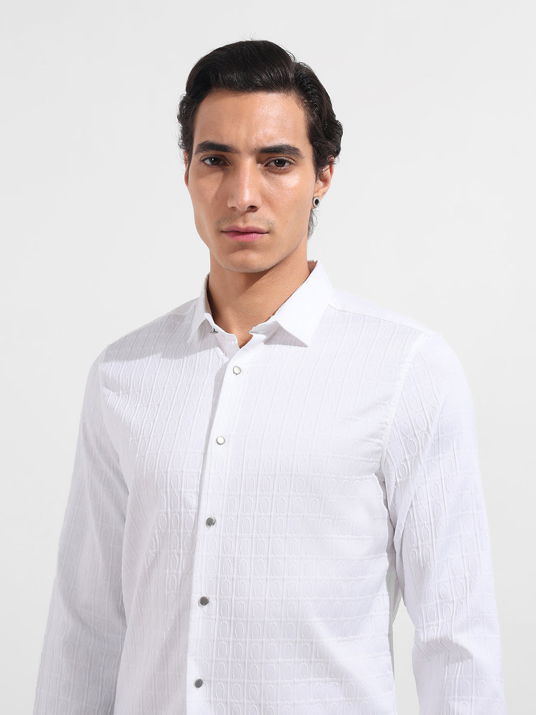 Men's White Regular Fit Textured Party Wear Shirt