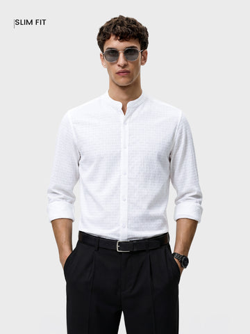 Men's White Slim Fit Textured Party Wear Shirt