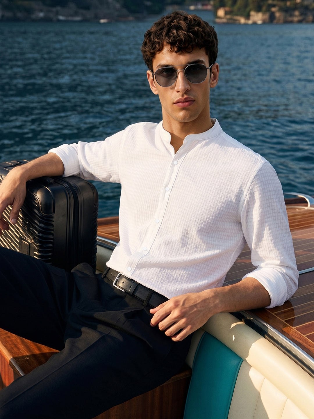 Men's White Slim Fit Textured Party Wear Shirt