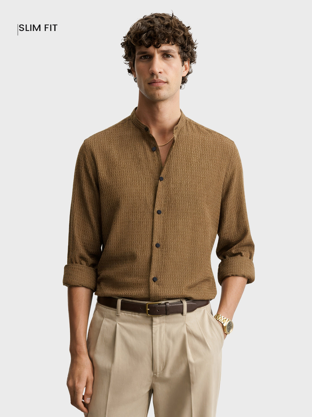Men's Olive Slim Fit Textured Party Wear Shirt