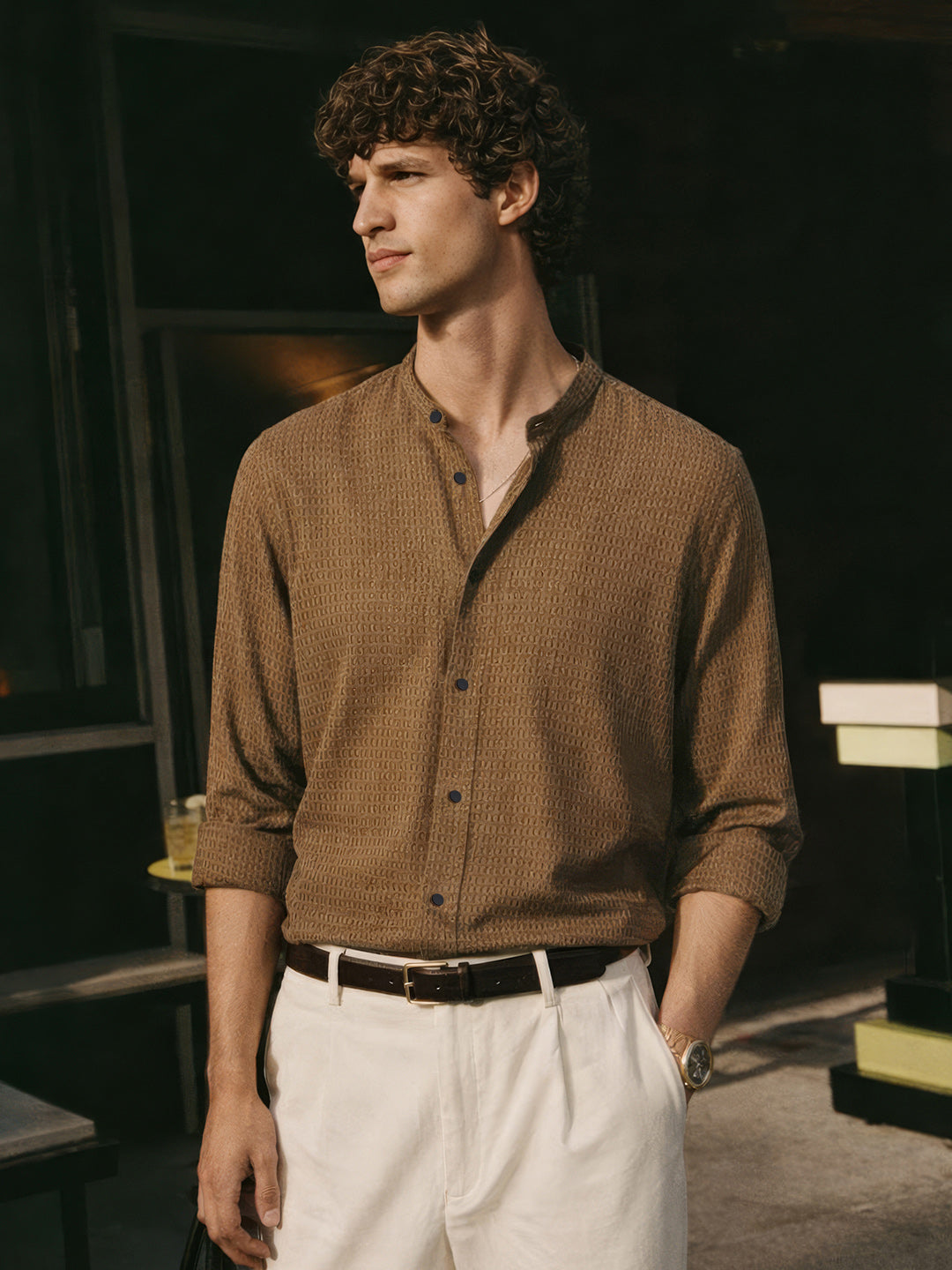 Men's Olive Slim Fit Textured Party Wear Shirt