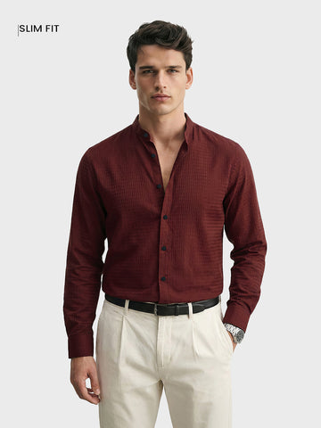 Men's Maroon Slim Fit Textured Party Wear Shirt