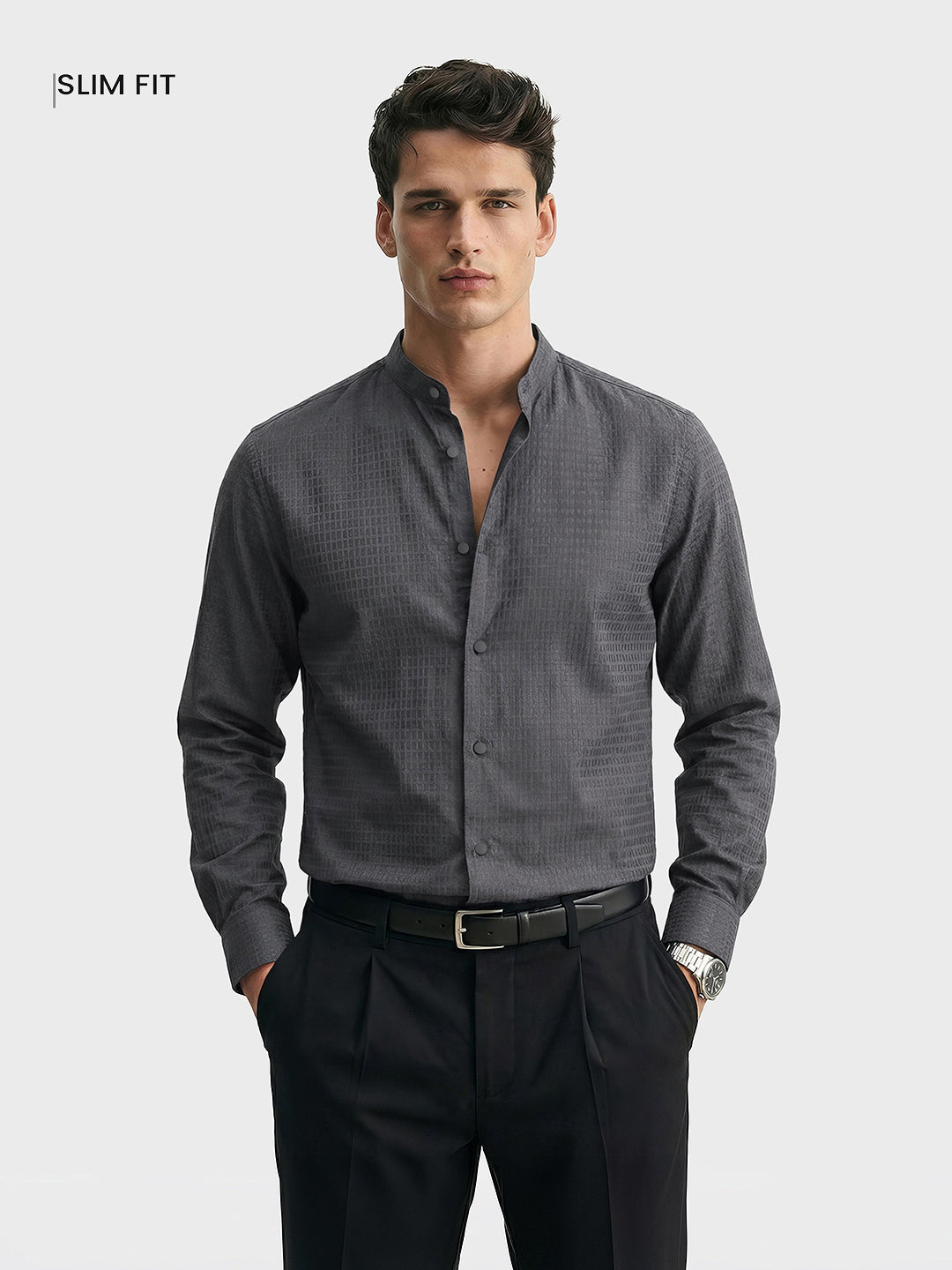 Men's Grey Slim Fit Textured Party Wear Shirt