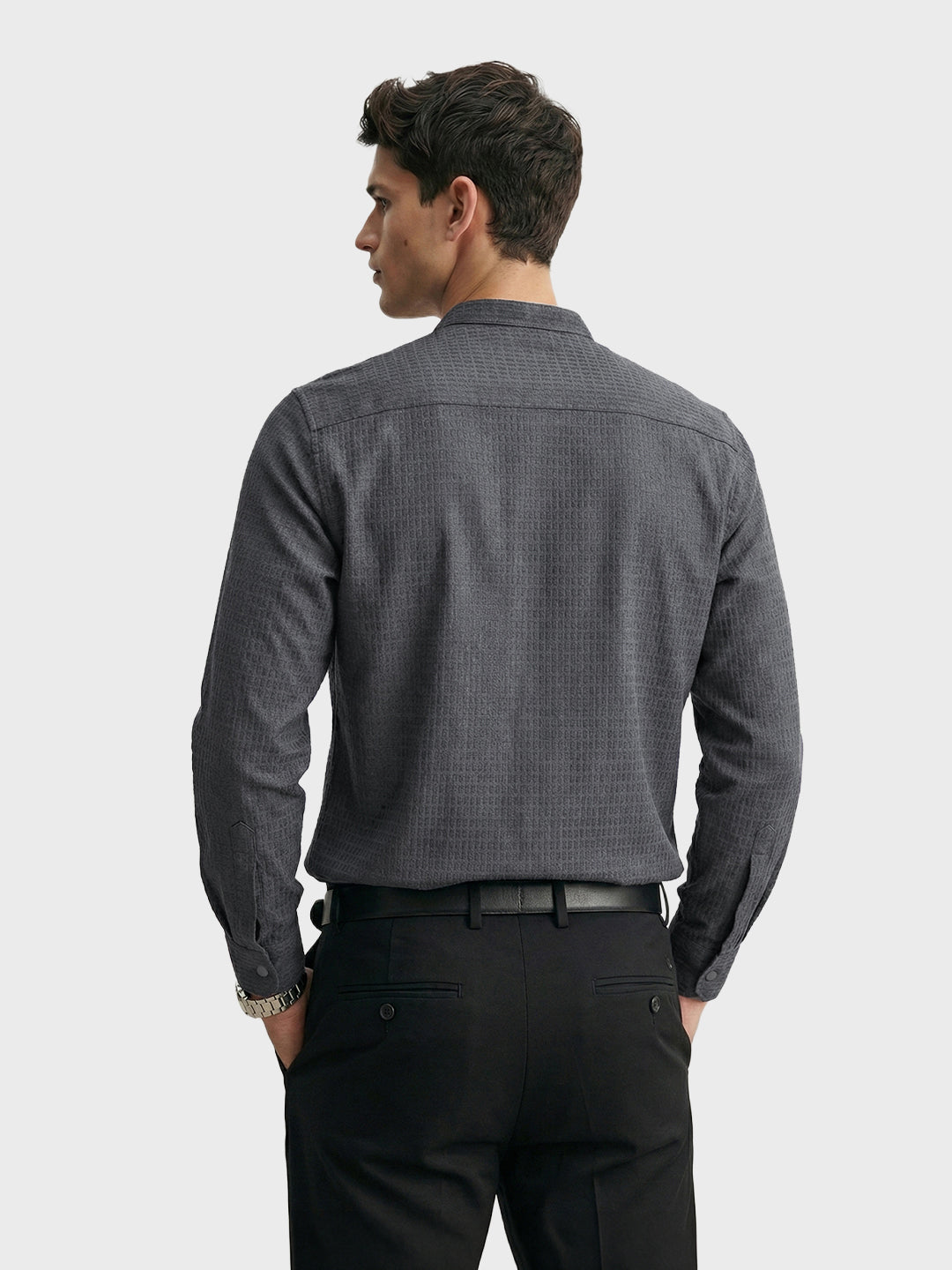 Men's Grey Slim Fit Textured Party Wear Shirt