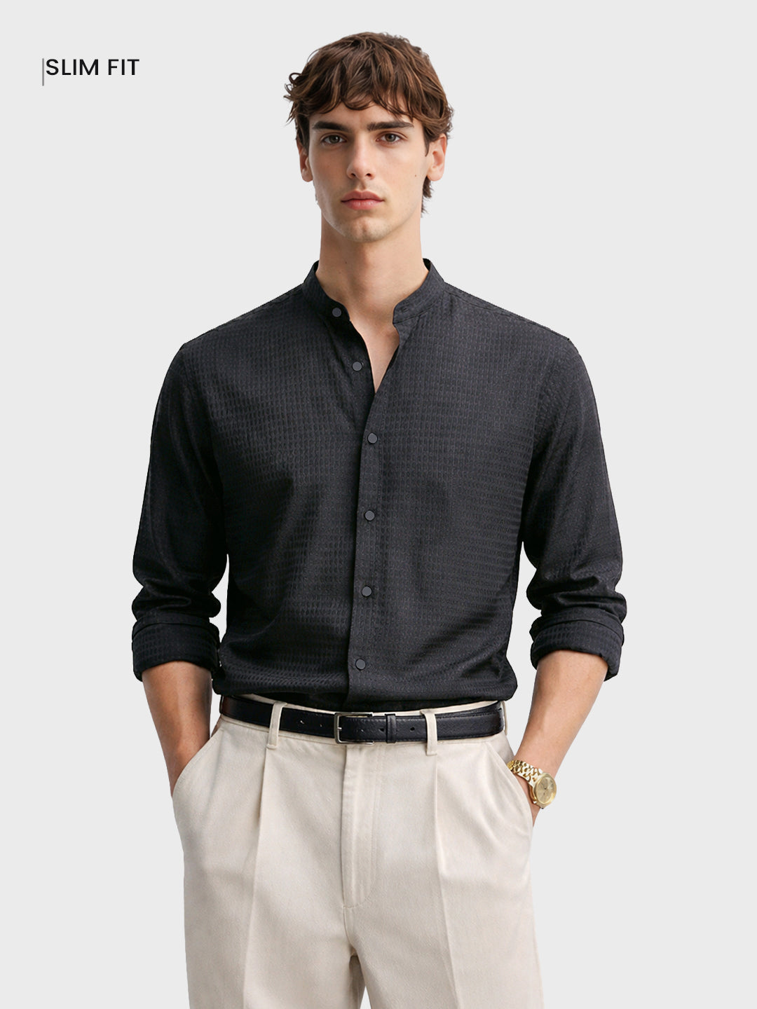 Men's Black Slim Fit Textured Party Wear Shirt