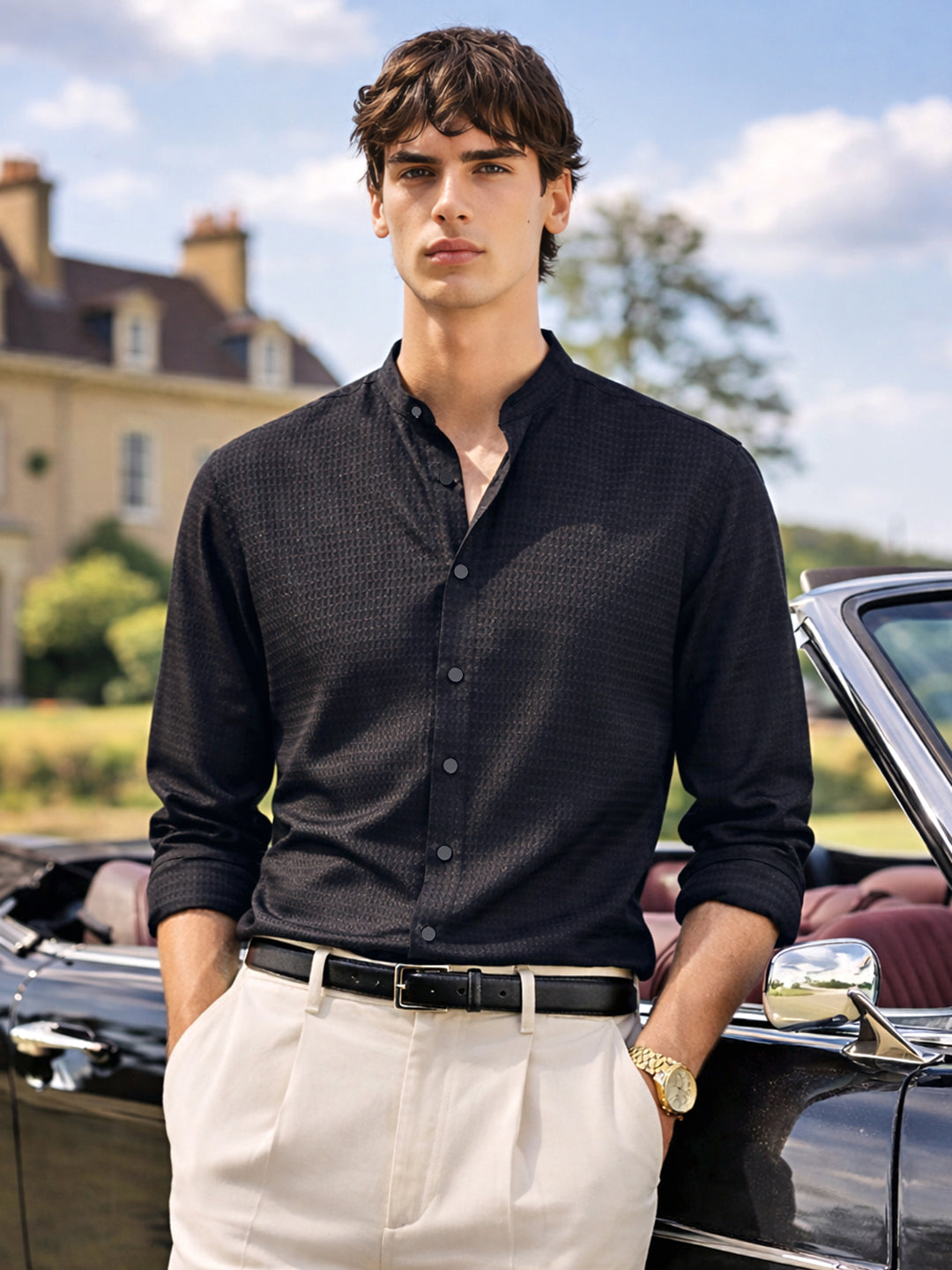 Men's Black Slim Fit Textured Party Wear Shirt
