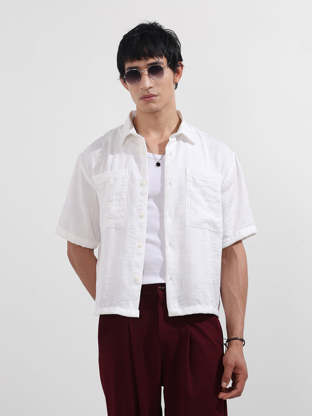 Men's White Boxy Fit Textured Resort Wear Shirt