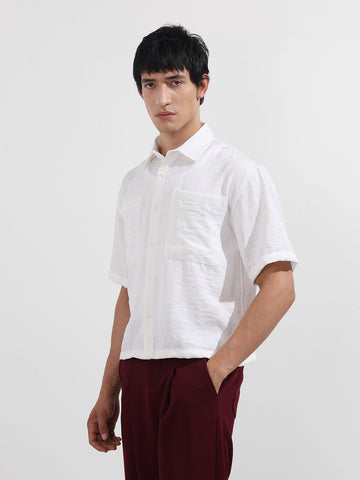 Men's White Boxy Fit Textured Resort Wear Shirt