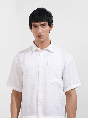 Men's White Boxy Fit Textured Resort Wear Shirt