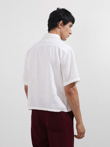 Men's White Boxy Fit Textured Resort Wear Shirt