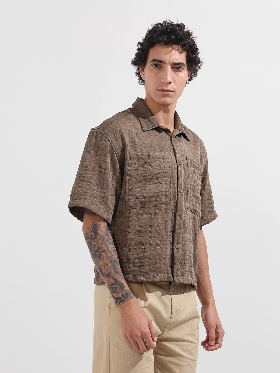 Men's Green Boxy Fit Textured Resort Wear Shirt